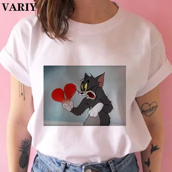 

New funny Cat Mouse Print T Shirt Cartoon Tops Women Harajuku Kawaii Short Sleeve Vogue Korean Style Fashion Tees Female