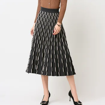 

Women's Knit Skirt Pleated Wave Striped Autumn Winter European High Waist Skirts Woman Knitting Female Faldas Good Quality LS218