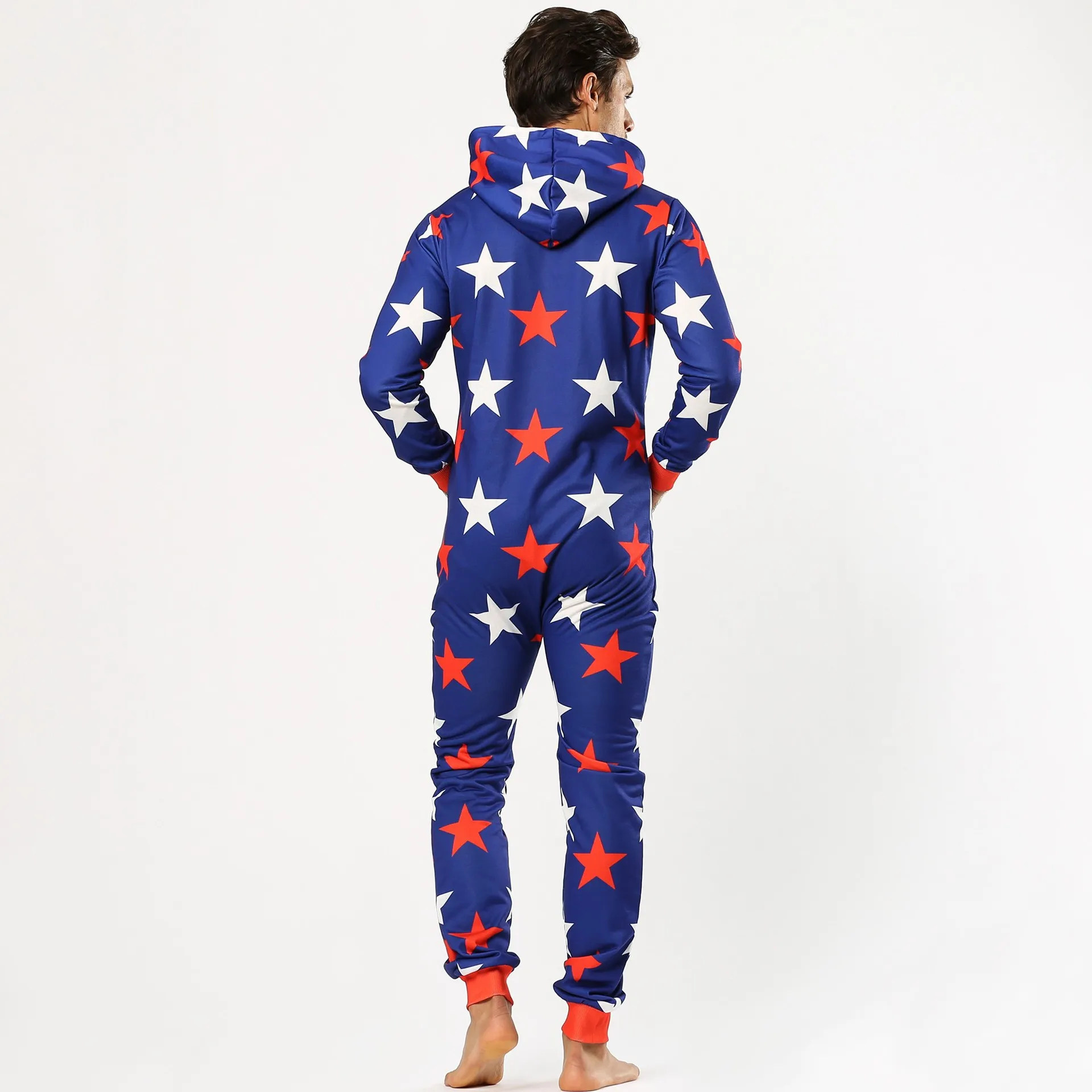 Men Warm Onesie Five pointed Star Print Sleep Lounge Adult Sleepwear One Piece Pyjamas Male Jumpsuits Hooded Onesies