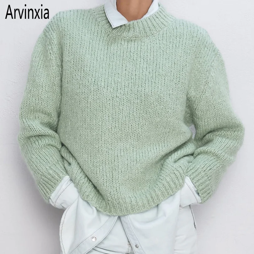 Arvinxia ZA/модные однотонные свободные женские свитера с круглым вырезом новые