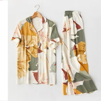 

Pijama Femme Summer Short-sleeved Trousers, Elegant High-end Cotton Satin Ink Printing, Lapel Pajama Set Pjamas for Women