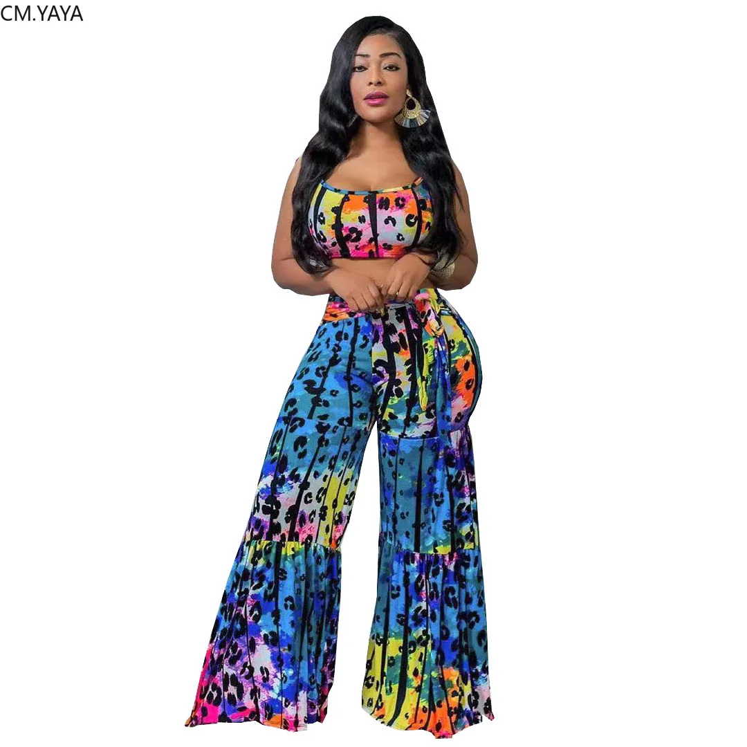 

New Autumn Winter Women leopard print short tank top flare long pants suit two piece set fashion Street tracksuit outfit GLL8087