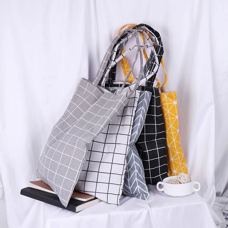 1 шт. Женская Студенческая хлопковая Льняная сумка на одно плечо сумка для покупок модная прочная клетчатая женская льняная парусиновая сумка для покупок