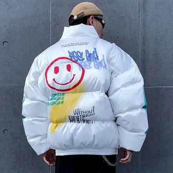 

2020 new Europe and America Smiley Graffiti Printed Thicken Model Winter Jacket Men's Winter Fashion Brand Loose Couple's Jacket