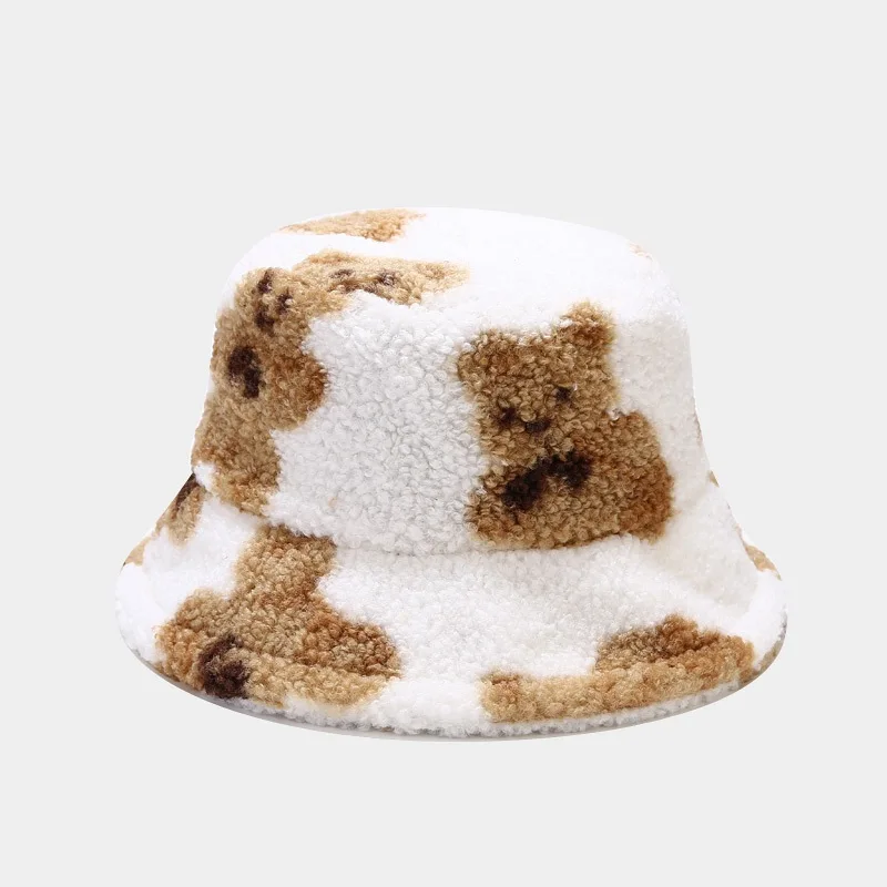 north face bucket hat Hat Female Autumn Winter Cute Bear Design Thickened Warm Bob Hat Fashionable Outdoor Lamb Wool Fisherman Hat Womens Hats black bucket hat Bucket Hats