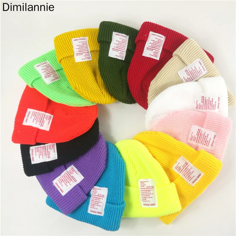 

2019 Unisex Winter lable Knitted candy color Cap Solid Skull cap Baggy Retro Ski Fisherman Docker Beanie Hat Slouchy