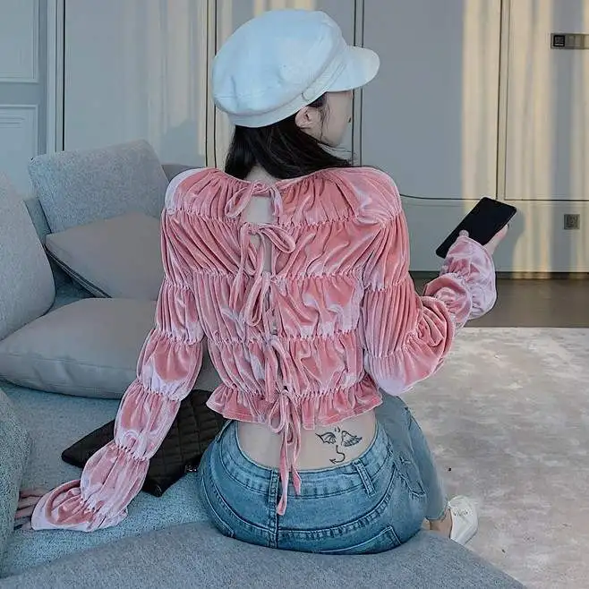 WHITNEY WANG футболка Весенняя мода Уличная Сексуальная Открытая кружевная бархатная футболка с рюшами Женская футболка Женские топы