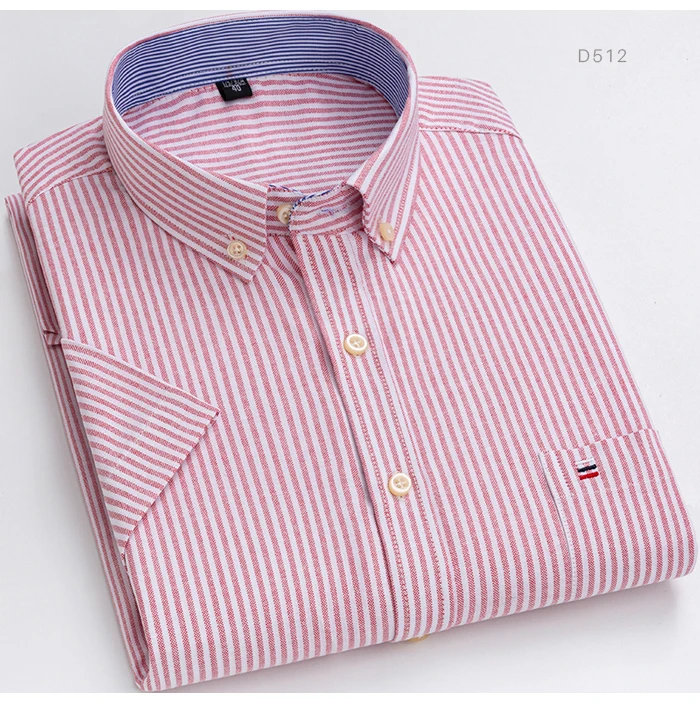 Men's Summer Casual Short Sleeve 100% Cotton Thin Oxford Shirt Single Patch Pocket Standard-fit Button-down Plaid Striped Shirts