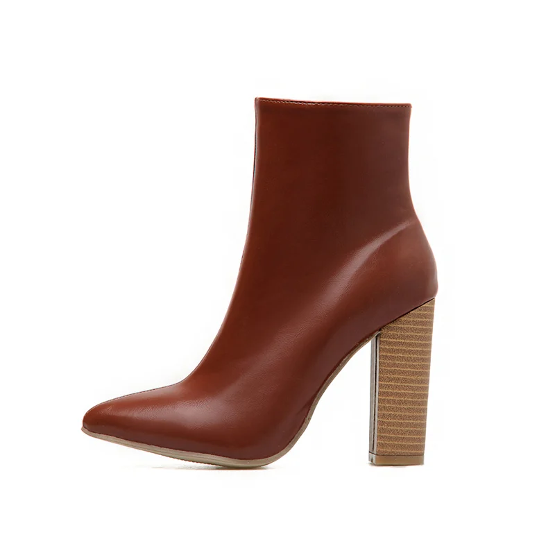 Размера плюс женские ботильоны коричневые сапоги на высоком каблуке 10 см; Туфли-Фетиш для зачистки осенние ботинки Выходные туфли на выпускной толстый квадратный каблук; обувь на не сужающемся книзу массивном пикантная обувь на молнии - Цвет: Brown