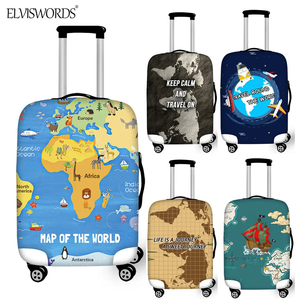 ELVISWORDS карта мира чемодан защитный чехол для 18-32 дюймов эластичные толстые аксессуары для путешествий пылезащитный дождевик
