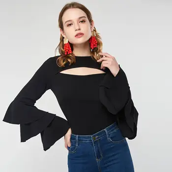 

Black Flare Long Sleeve Women T-shirts 2020 Spring Summer Casual OL Simple Slim New Fashion Elegant Sexy Hollow Out Tops