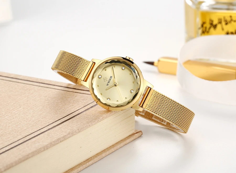 WWOOR, роскошные женские часы из розового золота, водонепроницаемые женские кварцевые часы из нержавеющей стали с сетчатым ремешком, повседневный браслет, Подарочная коробка