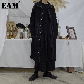 

[EAM] Women Black Long Big Size Long Denim Trench New Lapel Long Sleeve Loose Fit Windbreaker Fashion Tide Spring 2020 OB4010