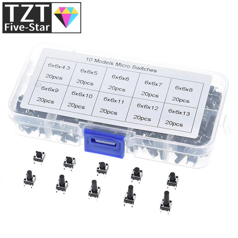 100/200 Stück 6*6 Taktschalter, taktiler Drucktastenschalter, Höhe: 4,3 mm ~ 13 mm, DIP 4P Mikroschalter, 6 x 6 Tastenschalter TZT – Detail 3