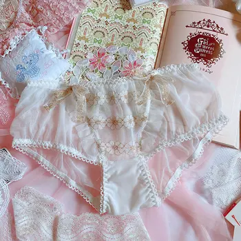 

French Retro Briefs Japanese Girls Soft sister Lolita Low Waist Fairy Flower Embroidery Underpants Sexy Transparent Lace Panties