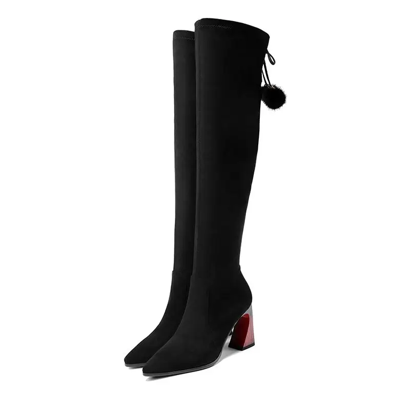 ALLBITEFO High quality Elastic flock+sheepskin women boots Autumn Winter women knee high boots high heel fashion girls boots