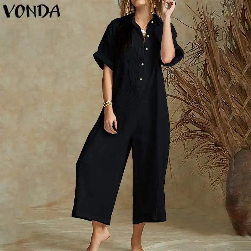 

VONDA Vintage Wide Leg Pants Female 2019 Summer Rompers Women Jumpsuits Short Sleeve Plus Size Playsuits Elegant Solid Overalls