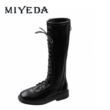 

Ladies Mid-calf Boots Round Toe Black Brown Convenient Back Zipper Lace-up Flat British Style All-match Women Long Boots