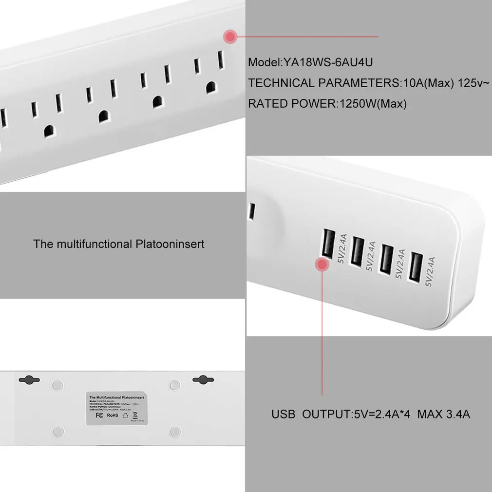 Черный и белый компактный и легкий USB блок питания с 6 розетками переменного тока и 4 интеллектуальными 5 В/2,4 А usb зарядными портами YA18WS-6AU4U