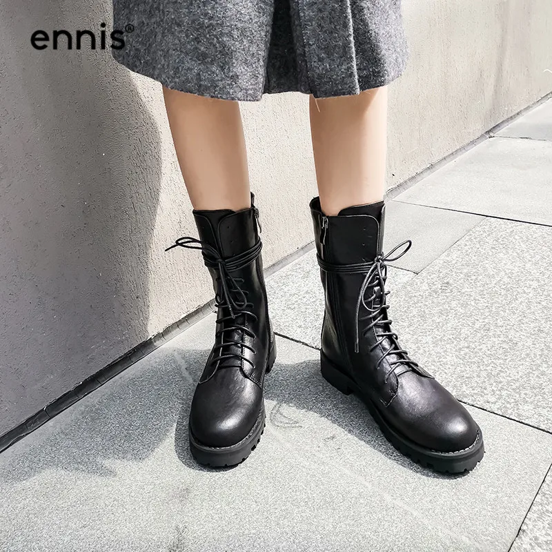 

ENNIS Brand Women Martin Boots Platform Lace Up Boots Genuine Leather Round Toe Shoes Motorcycle Mid-Calf Boots Autumn NEW A9177