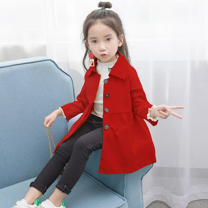 

Spring Girls Windbreaker Long Coat Baby Kids Turn-down Collar Outwear Kids Single-breasted Red Coats Jacket New Year Clothing