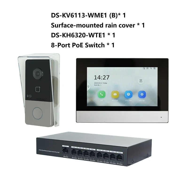 HIK KIS603-P Multi-language 802.3af POE Video intercom KIT,include DS-KV6113-WPE1(B) & DS-KH6320-WTE1 & PoE Switch door phone Door Intercom Systems