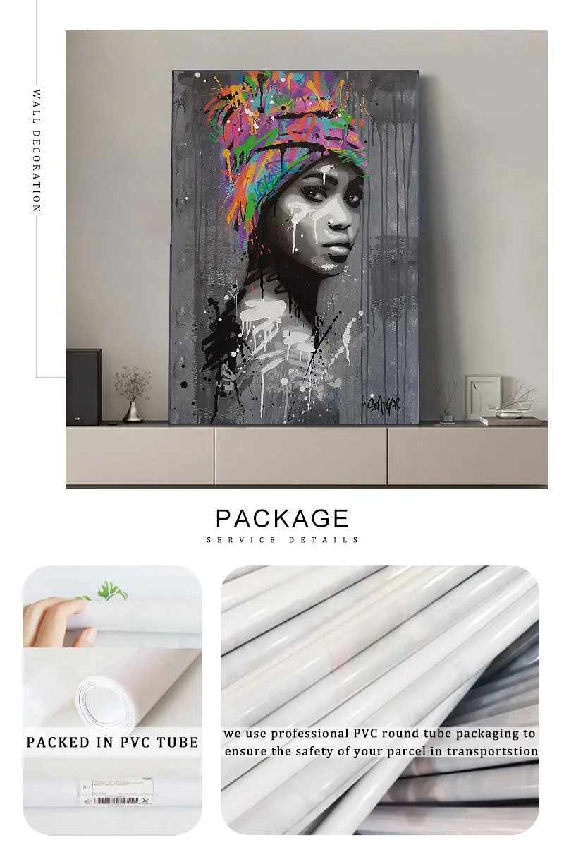 Abstract Black Colorful Graffiti African Woman Canvas Posters and Prints Custom Art Figure Picture Wall Painting for Living Room