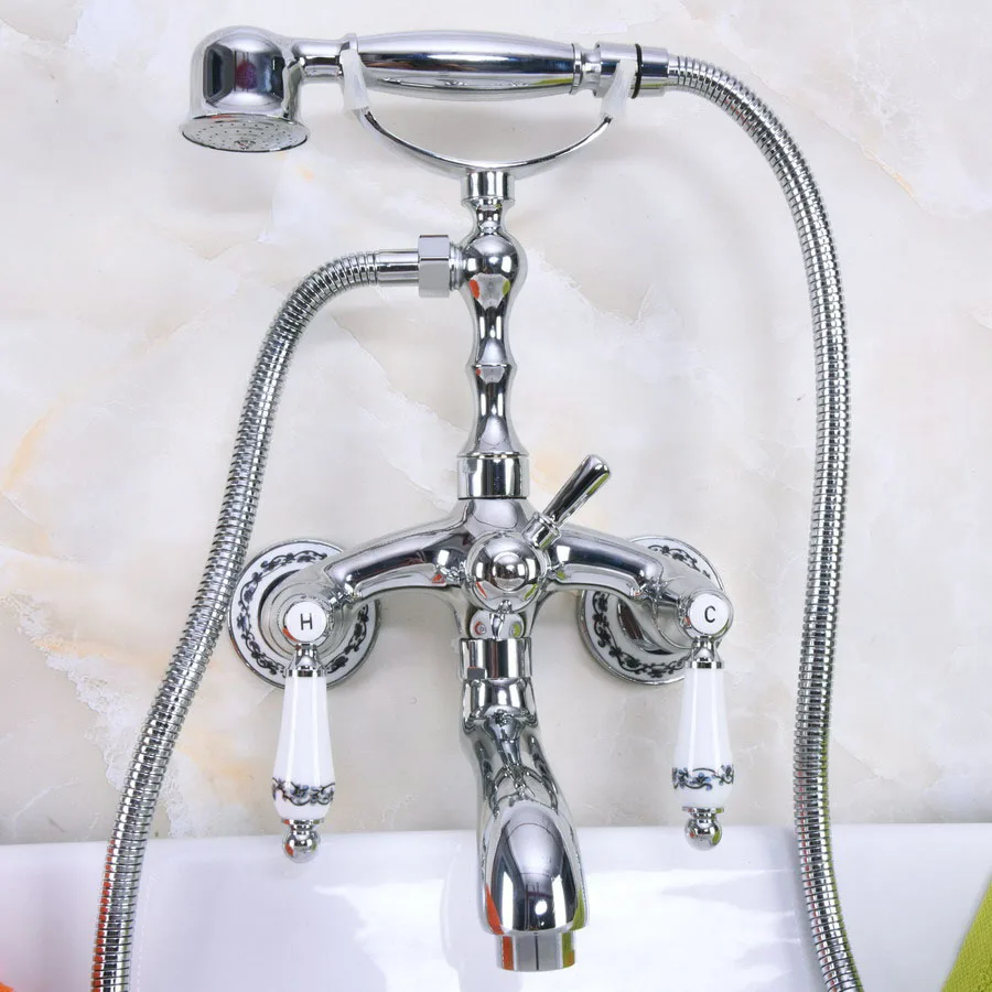 Настенный полированный хромированный кран для ванной с поворотным рычагом в телефонном стиле смеситель для воды для Ванной Душа с ручной душевой zna216