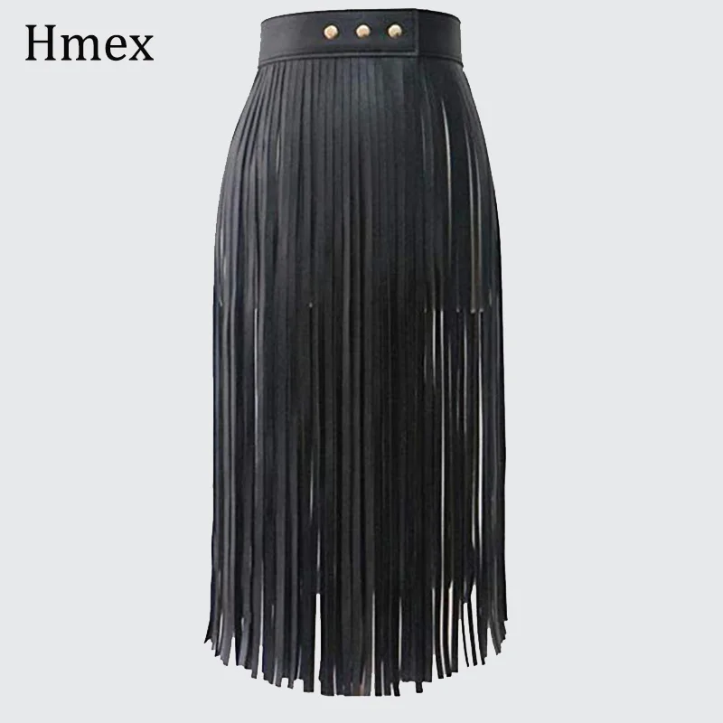 Black Boho женские сексуальные кожаные юбки с кисточками панк готический пояс Длинная Бахрома черная высокая талия с поясом Клубные вечерние юбки - Цвет: Black