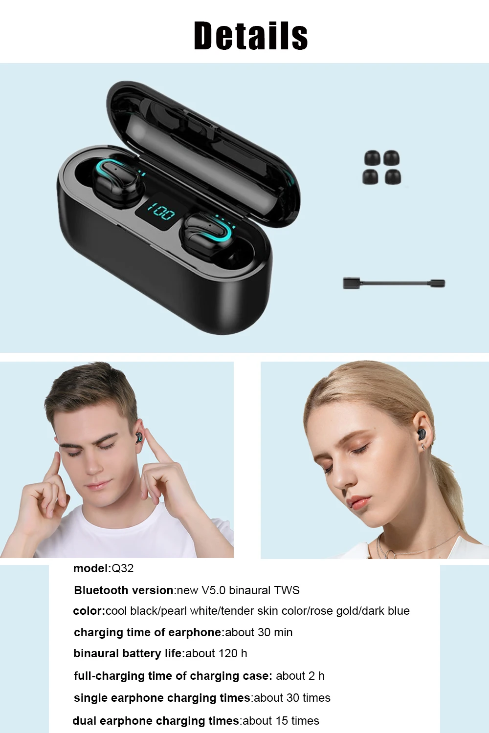 2000 мАч Q32 TWS Bluetooth наушники, HD стерео беспроводные наушники, шумоподавление игровая гарнитура с зарядным устройством светодиодный дисплей
