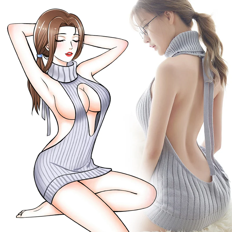

2019 Japanese Autumn Sexy Virgin Killer Sweater Backless One Word Hollow Pullovers Sweater Knitted Fashionable Swimming Suit