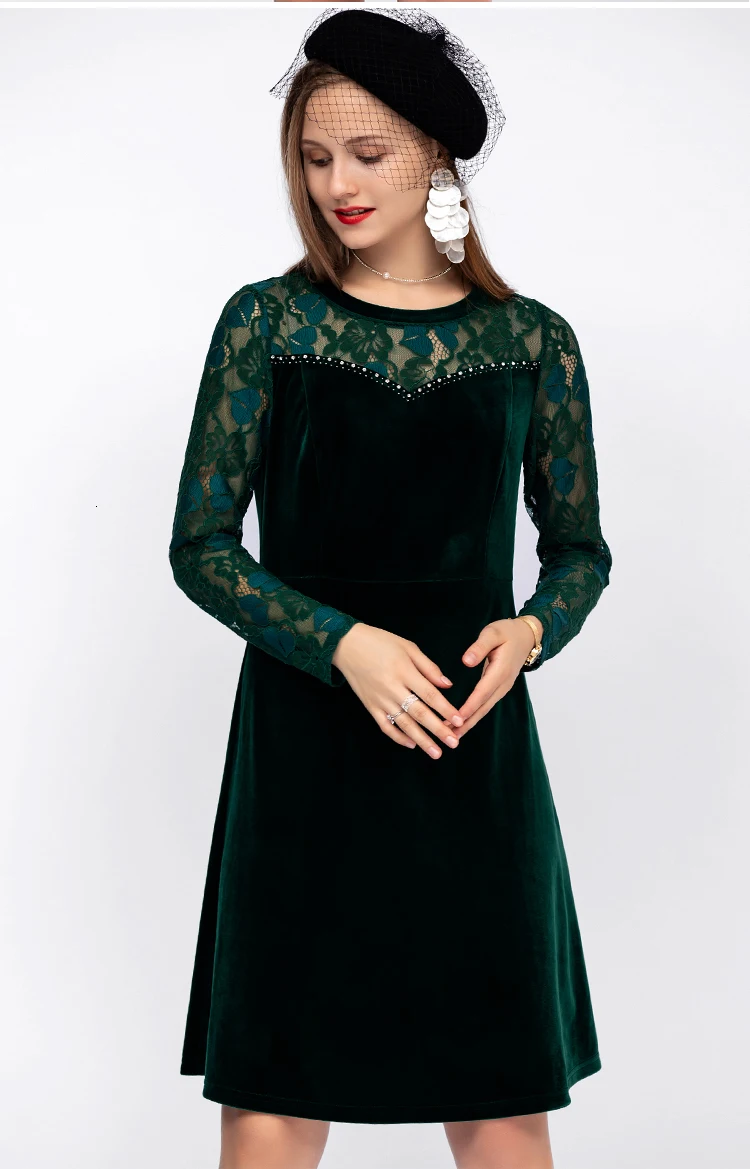 Осень Бархат, велюр кружево платье для женщин; большие размеры 5xl О-образным вырезом и длинными рукавами, зеленая Повседневное весенние офисные вечерние мини платье vestidos