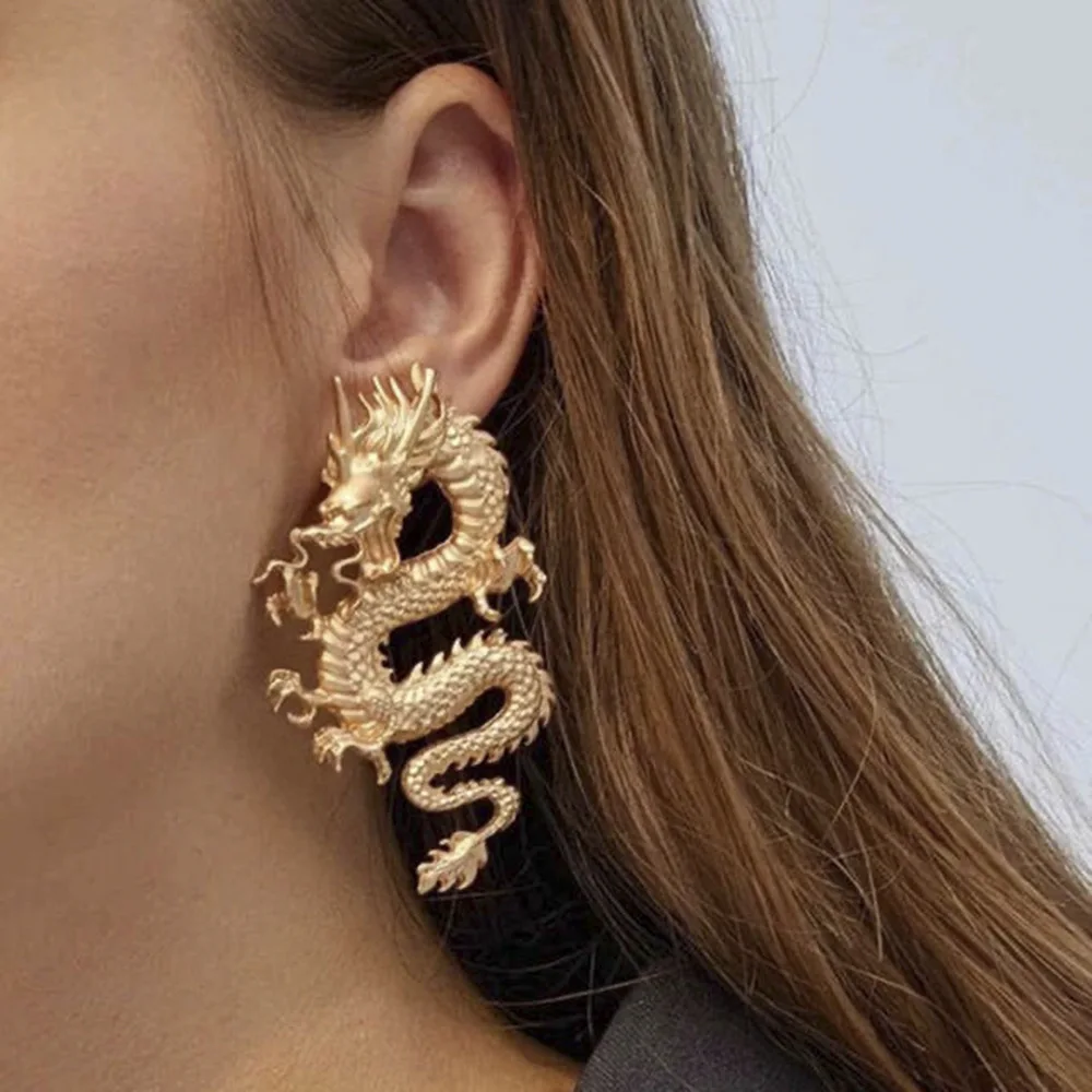 

Vintage Gold Chinese Dragon Earrings For Women 2020 Unique Chic Metal Dragon Statement Earrings Punk Jewelry Femme Bijoux