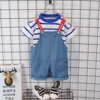 

Summer Children Cotton Baby Boys Girls Clothes Stripe Fashion Toddler T Shirts Denim Bib Shorts 2Pcs/sets Infant Kids Tracksuits