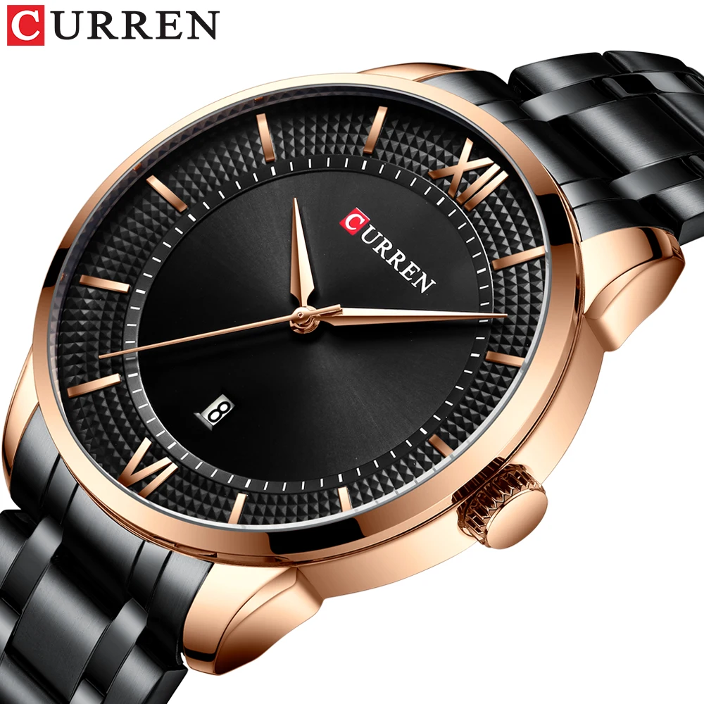

CURREN Business Clock Black Watch Stainless Steel Belt Rose Gold Case Date Men Quartz Watches Top Brand Luxury Relogio Masculino