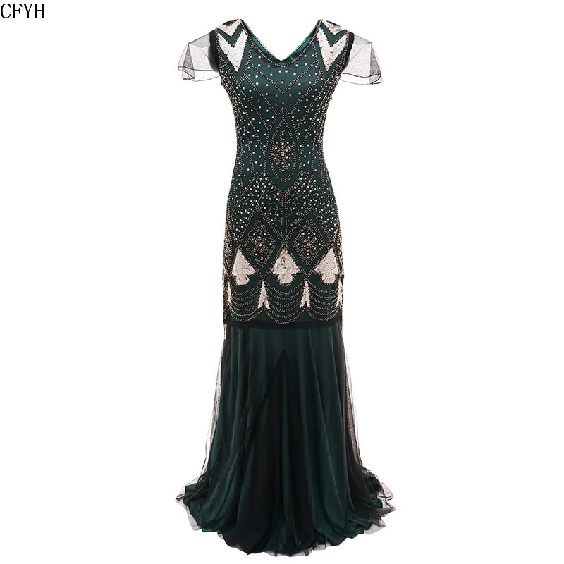 Женское платье 1920s Great Gatsby, длинное платье 20 s, винтажное платье с v-образным вырезом и коротким рукавом, вечерние платья макси для выпускного вечера, коктейльное платье