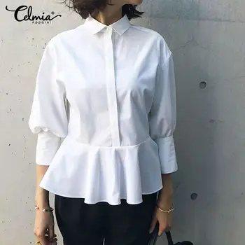 

Celmia 2020 Women Fashion Ruffles Blouse Casual 3/4 Sleeve Loose Shirt Ladies Solid Button Peplum Tops Elegant Work Party Blusas