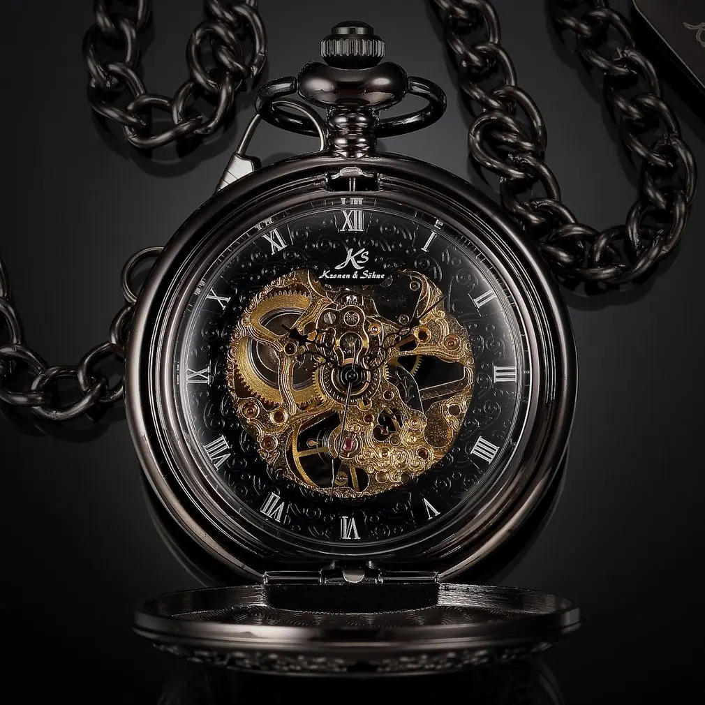 Retro KS Mechanical Self Wind Skeleton Alloy Case Copper Key Pendant Roman Analog Fob Chain Luxury Pocket Watch Jewelry / KSP044