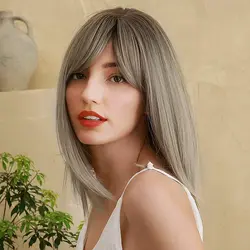 Element Long Straight Ash Brown Blonde Bob Ombre Synthetic Hair Wigs with Natural Bangs for Black or White Women Cosplay Party