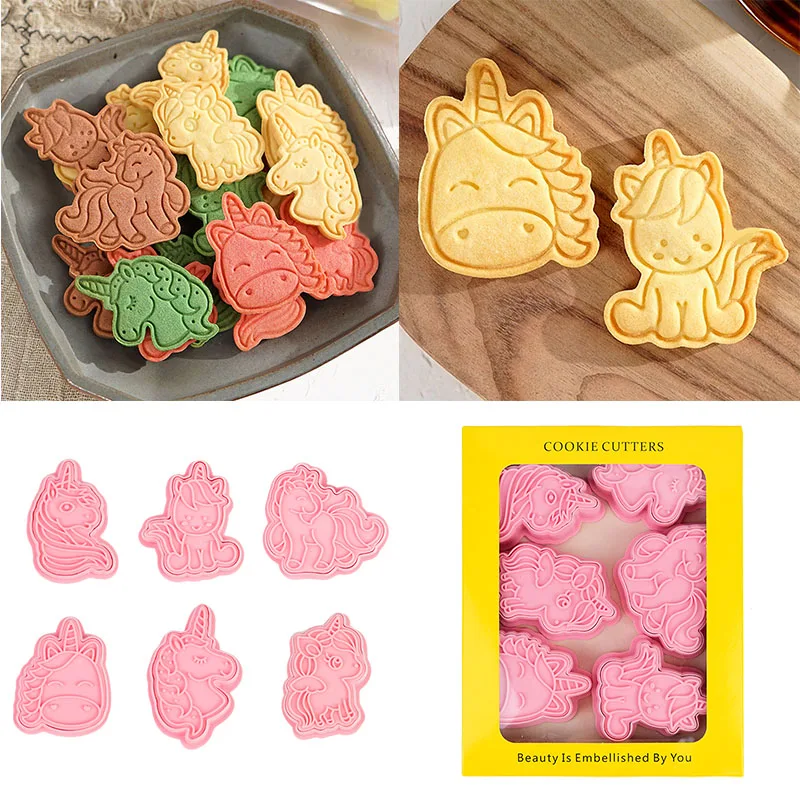 6Pcs/Box Cartoon Unicorn Cookie Cutter Food Plastic Plunger Fondant Mold Party Cake Baking Tool Kitchen Accessories | Дом и сад