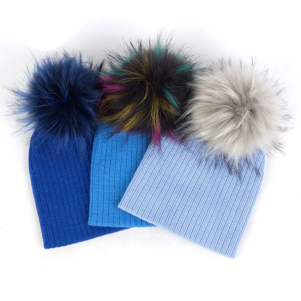 Geebro Fashion child baby Solid Color Ribbed Beanies hats With Faux fur pompom New Girls Boys Kids Soft Cute skully hats