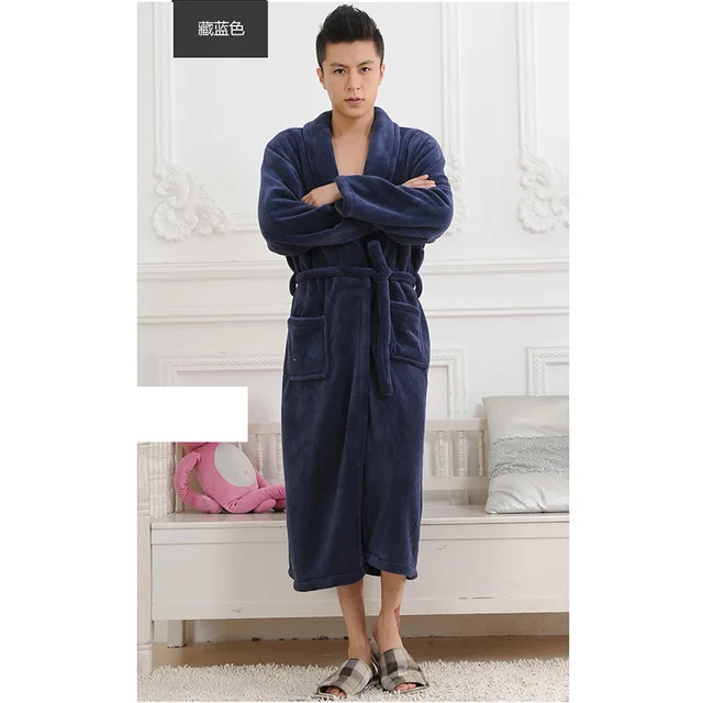 Women Men Flannel Bath Robe Sleepwear Autumn Winter Solid Plush Couple Bathrobe Thick Warm Female Robe Dropshipping - Цвет: Navy Blue