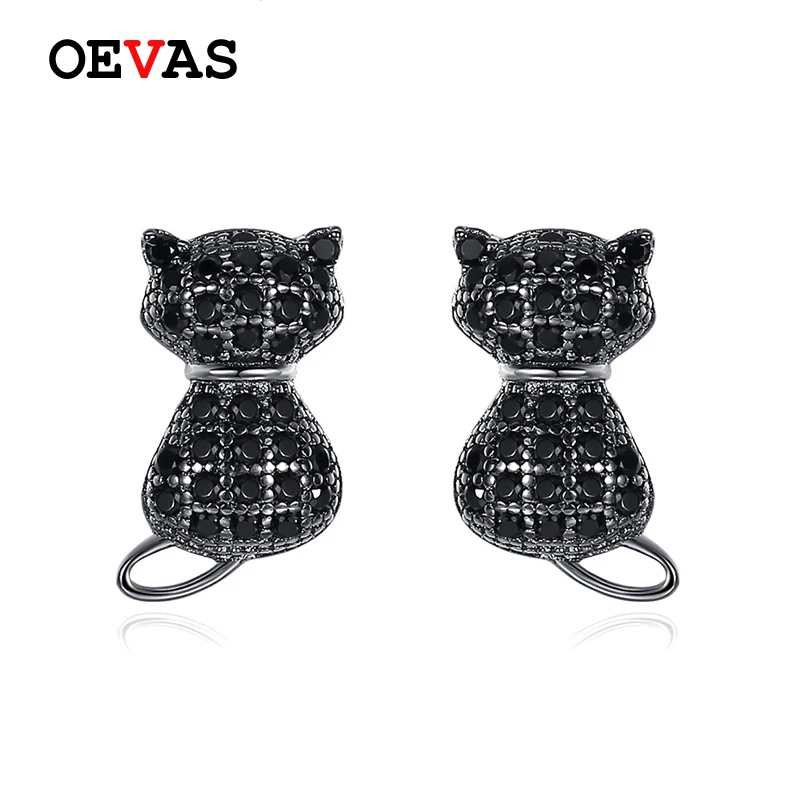 

OEVAS 100% 925 Sterling Silver Black White Full Zircon Cute Cat Stud Earrings For Women Top Quality Animal Jewelry Gilrs Gifts