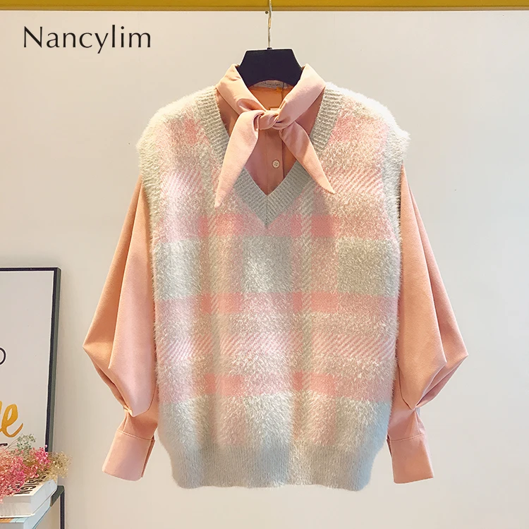 

Short Mohair Lattice Vest Women New Korean Loose V-neck Vest Jacket Girl Student Autumn Winter Outfit Femme Coat Knitwear