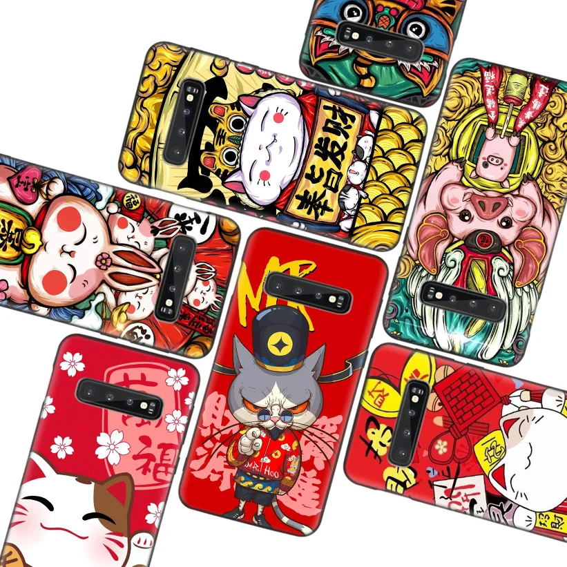 

Cta pig Rabbit Chinese style DOG Black Case for Samsung Galaxy S10 Lite Note 10 9 8 S9 S8 J4 J6 J8 + Plus S7 S6 Silicone Phone C