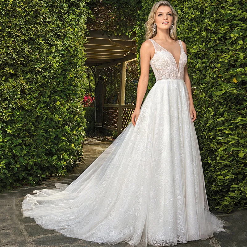 Chapel Train Lace Appliques Tulle A-Line Wedding Dress Vestidos De Novia 2019 Simple Design Backless Bridal Gown | Свадьбы и
