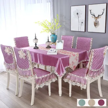 

3D Flower Rectangular Tablecloth Set Chair Cushion Cover Purple Elegant Table Cloth Wedding Decor Dust-Proof Table Cover W