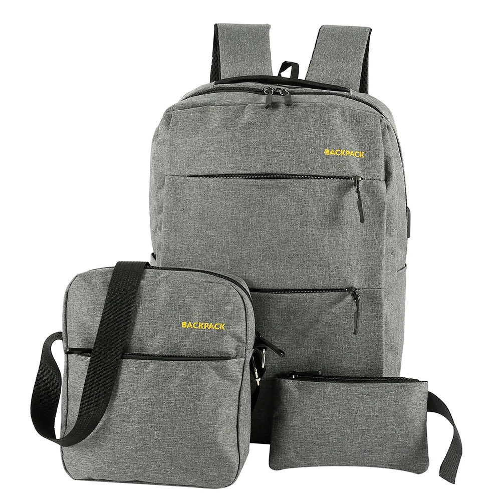 Серый USB Charging Backpack 3pcs/set Men Women Fashion Backpacks for Unisex Travel Bags Casual Nylon Shoulder School Backpacks - Цвет: Серый