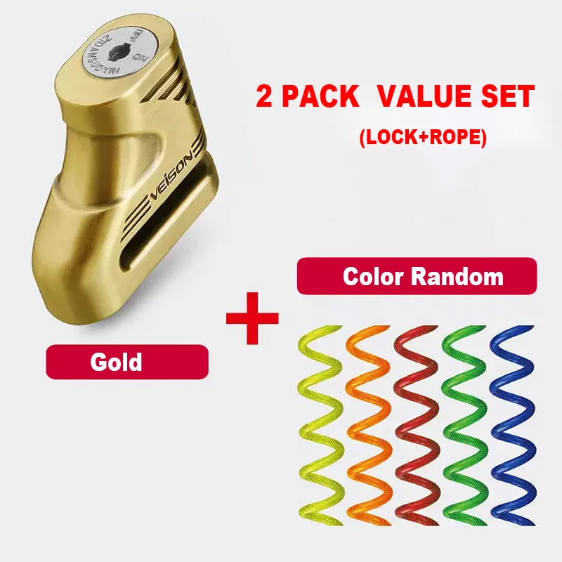 gold lock and rope VEISON мотоциклетный роторный дисковый замок, мотоциклетный Противоугонный тормозной замок для скутера, мотоциклетный замок+ кабель напоминания+ 2 ключа - Цвет: gold lock and rope