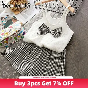 

Bear Leader Kids Girls Clothing Sets New Summer Kids Cool Suits Bow-knot Clothes Top and Plaid Pants 2Pcs Cute Children Clothing